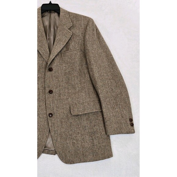 Vtg Harris Tweed Blazer Mens 42 Med Brown Herringbone Wool Jacket Unstructured - Picture 5 of 16